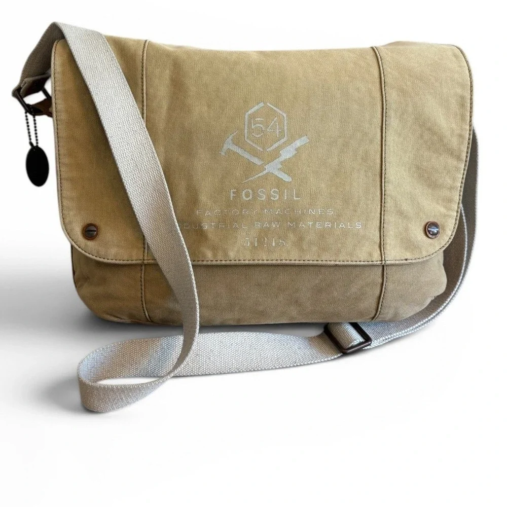 Fossil 54 Factory Machines Large Messenger Bag Khaki‎ Canvas Leather Crossbody
